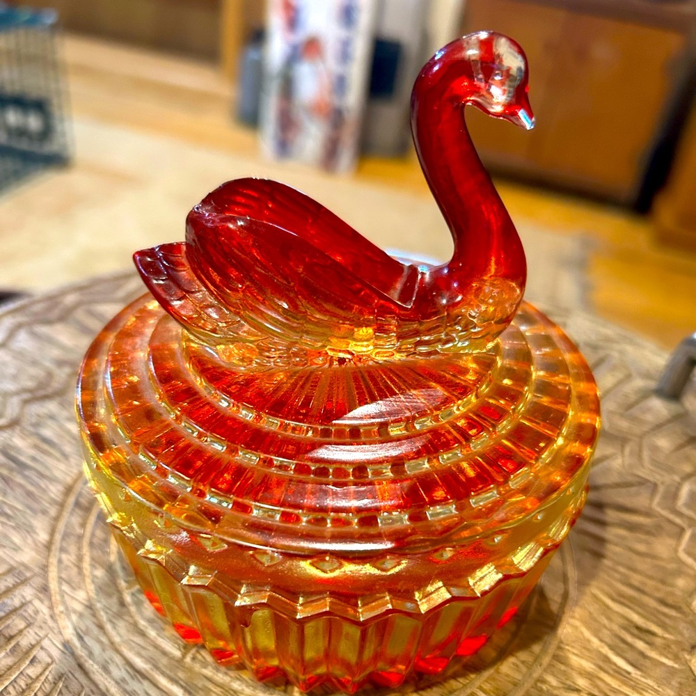 Elegant Glass Swan carnival glass trinket dish in Red and Gold
